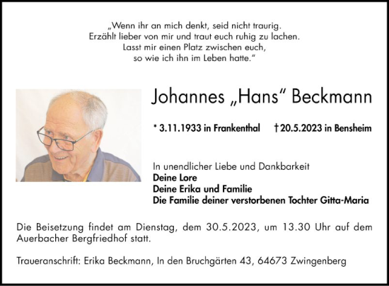 Traueranzeige von Johannes Beckmann von Bergsträßer Anzeiger