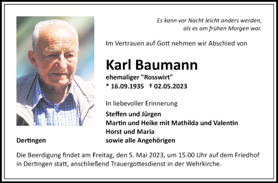 Traueranzeige von Karl Baumann von Fränkische Nachrichten