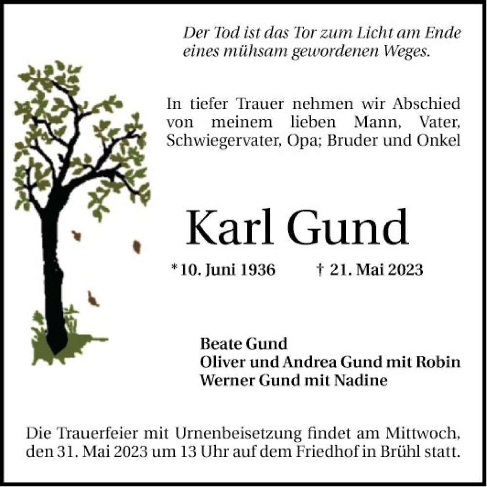  Traueranzeige für Karl Gund vom 27.05.2023 aus Schwetzinger Zeitung