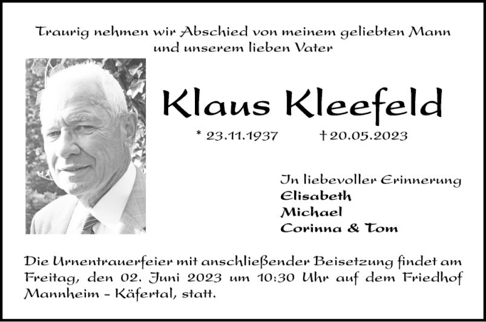  Traueranzeige für Klaus Kleefeld vom 27.05.2023 aus Mannheimer Morgen