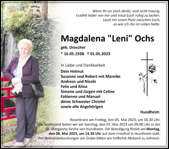 Traueranzeige von Magdalena Ochs von Fränkische Nachrichten