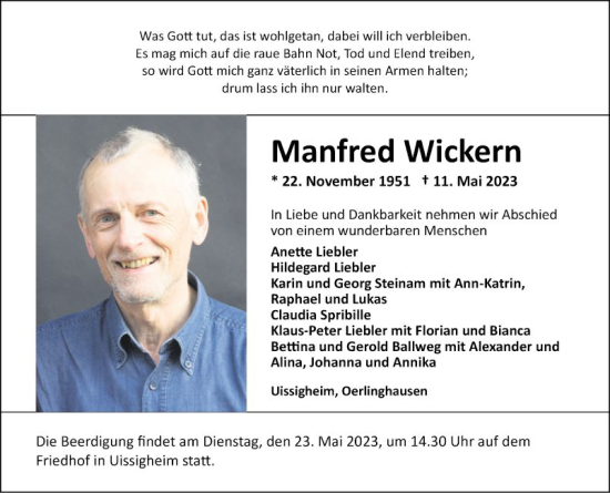 Traueranzeige von Manfred Wickern von Fränkische Nachrichten
