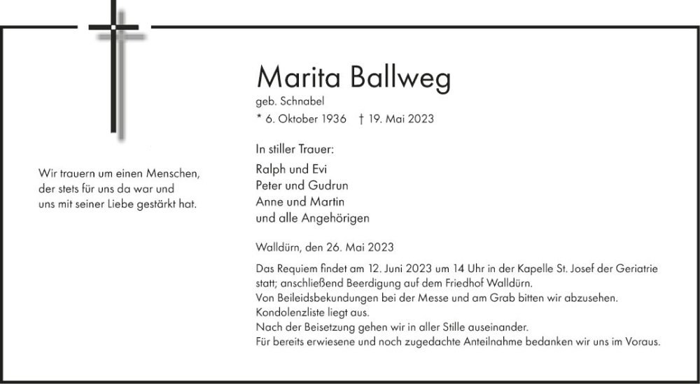  Traueranzeige für Marita Ballweg vom 26.05.2023 aus Fränkische Nachrichten