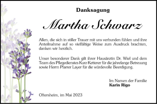 Traueranzeige von Martha Schwarz von Schwetzinger Zeitung