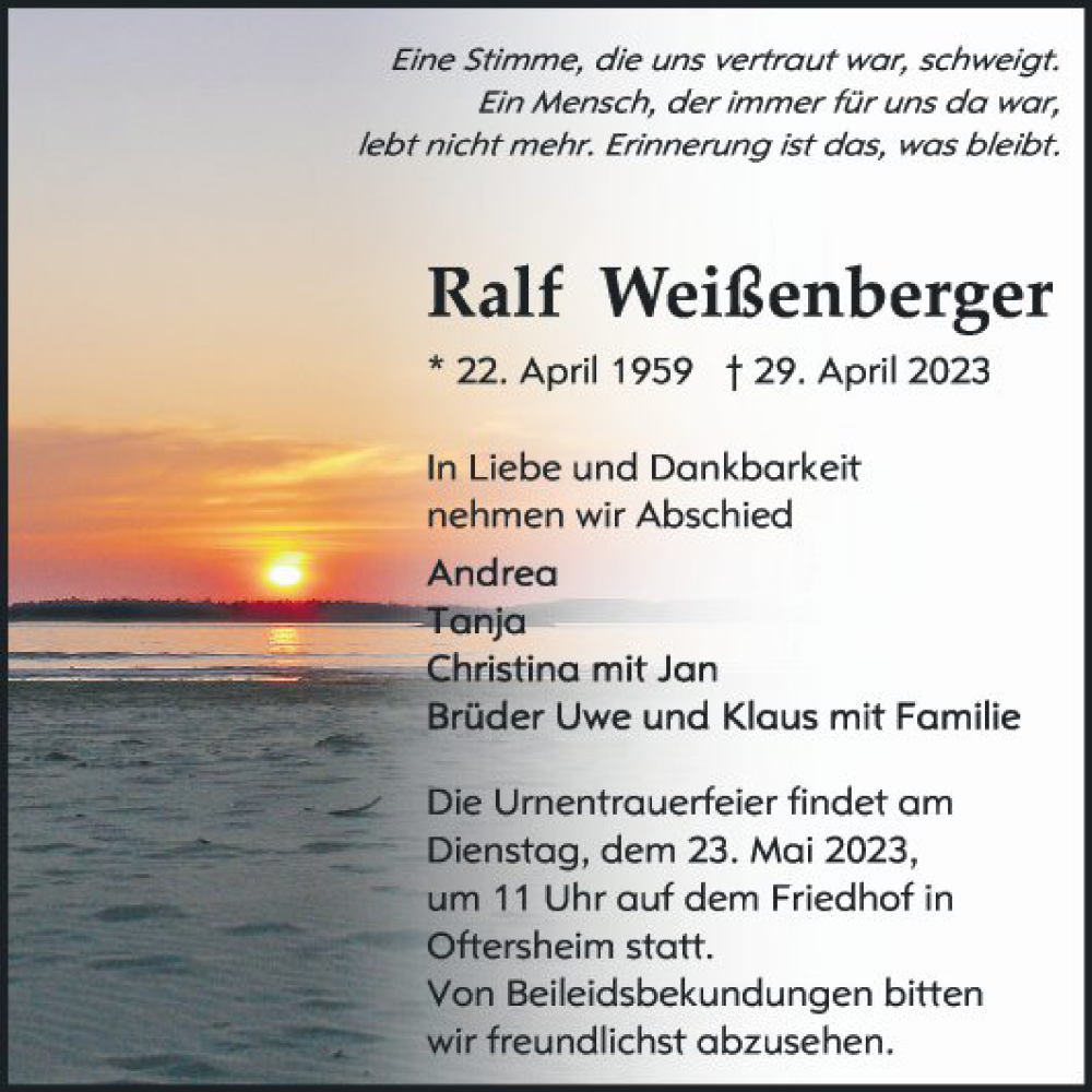  Traueranzeige für Ralf Weißenberger vom 17.05.2023 aus Schwetzinger Zeitung