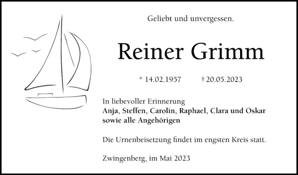  Traueranzeige für Reiner Grimm vom 27.05.2023 aus Bergsträßer Anzeiger