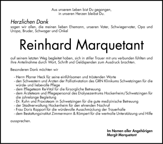 Traueranzeige von Reinhardt Marquetant von Schwetzinger Zeitung