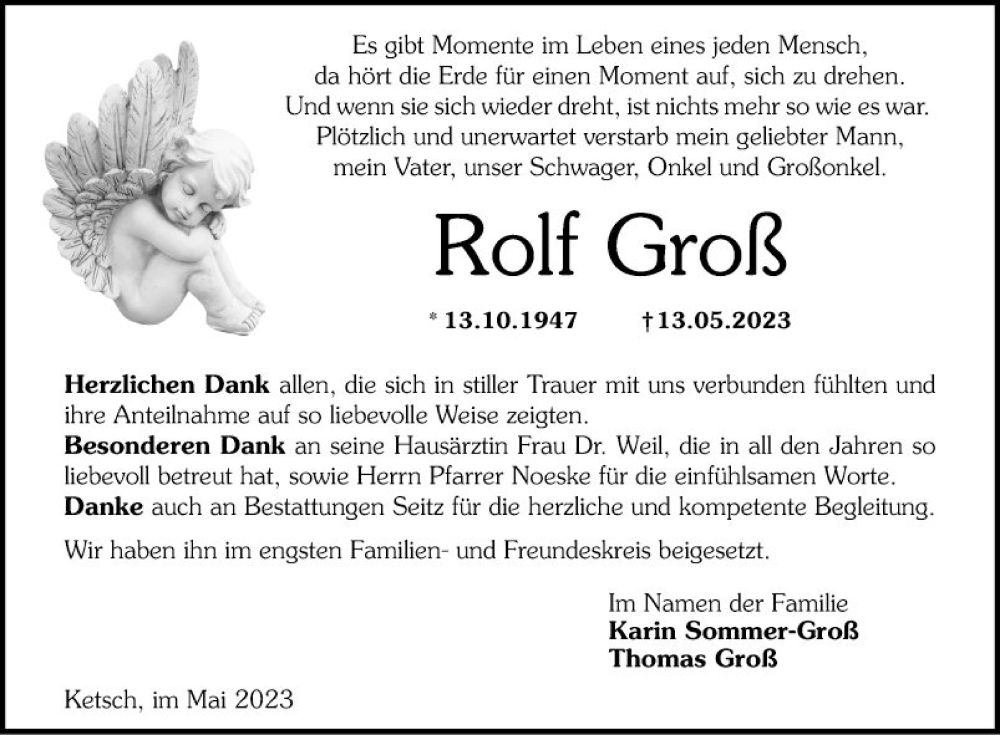  Traueranzeige für Rolf Groß vom 27.05.2023 aus Schwetzinger Zeitung