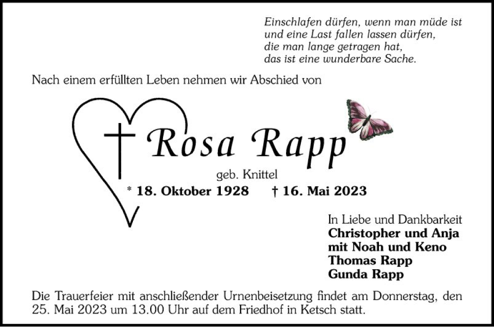  Traueranzeige für Rosa Rapp vom 20.05.2023 aus Schwetzinger Zeitung