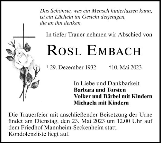 Traueranzeige von Rosl Embach von Mannheimer Morgen