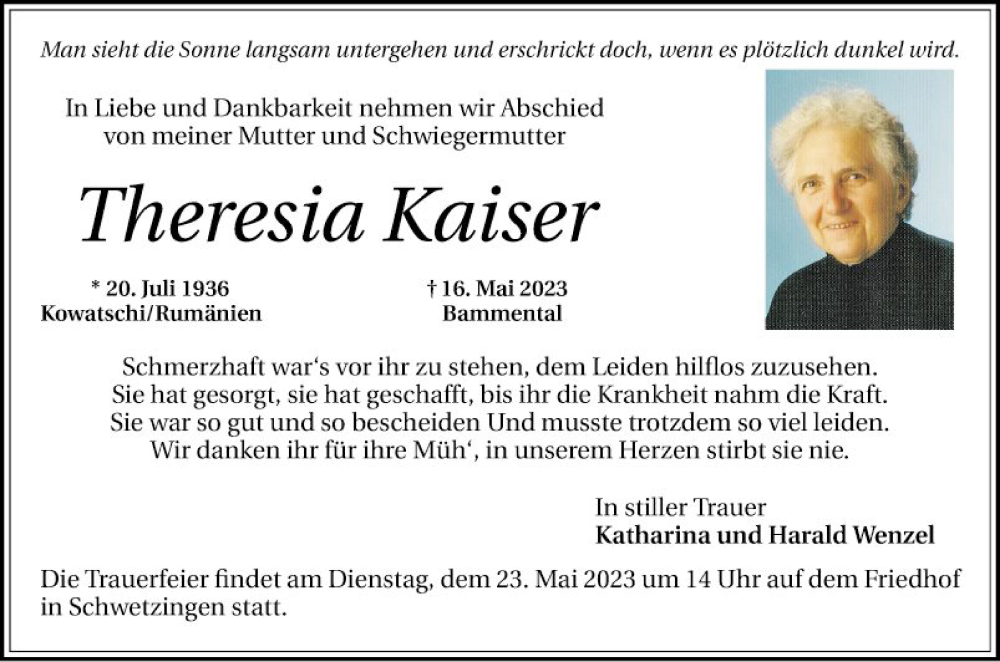 Traueranzeige für Theresia Kaiser vom 20.05.2023 aus Schwetzinger Zeitung