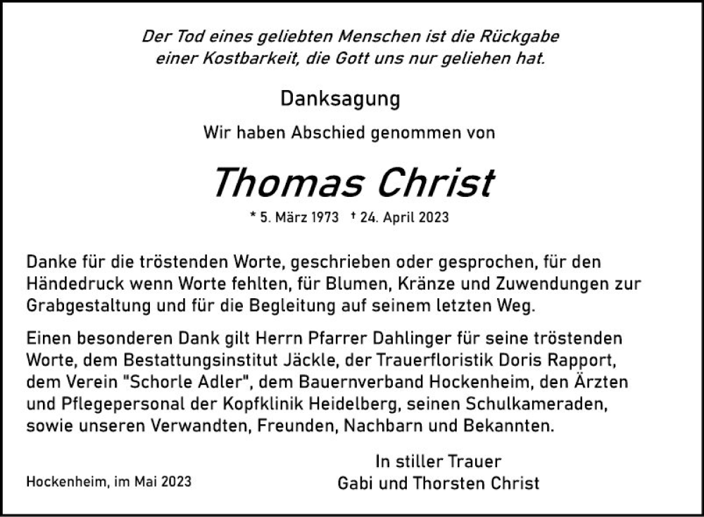  Traueranzeige für Thomas Christ vom 27.05.2023 aus Schwetzinger Zeitung