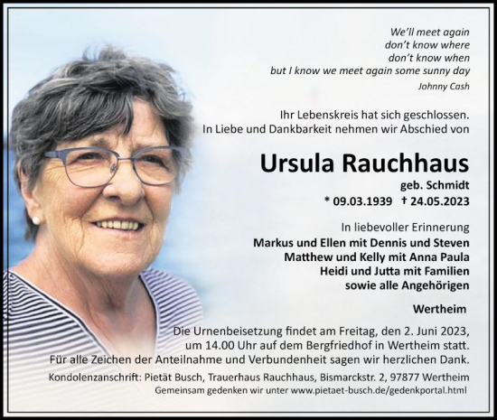 Traueranzeige von Ursula Rauchhaus von Fränkische Nachrichten