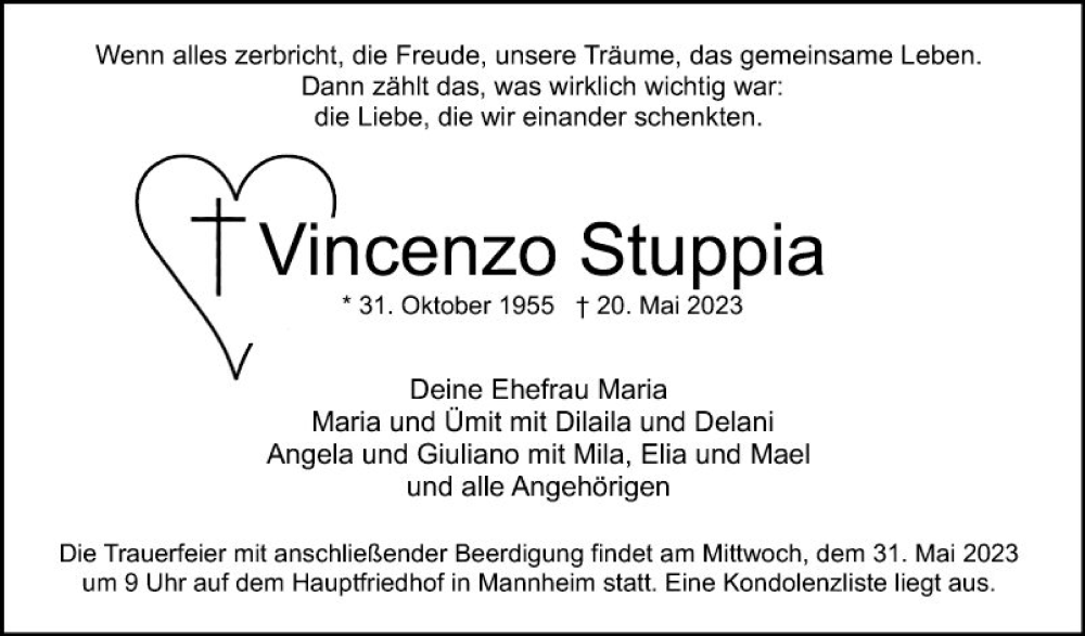  Traueranzeige für Vincenzo Stuppia vom 27.05.2023 aus Mannheimer Morgen
