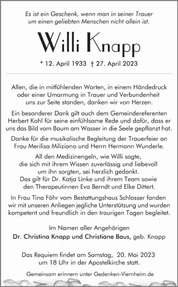  Traueranzeige für Willi Knapp vom 13.05.2023 aus Mannheimer Morgen