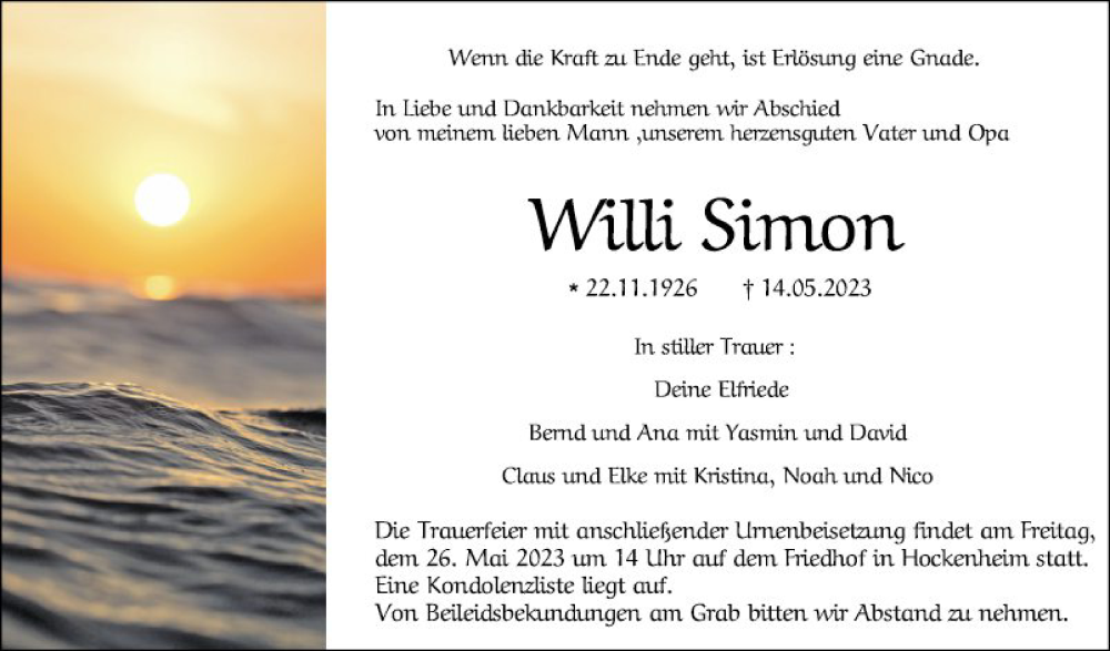  Traueranzeige für Willi Simon vom 20.05.2023 aus Schwetzinger Zeitung