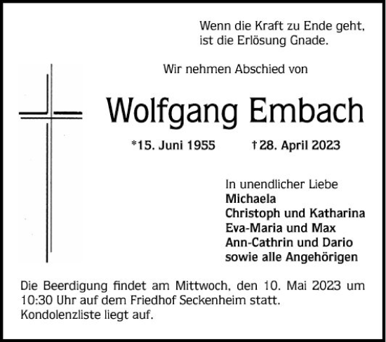 Traueranzeige von Wolfgang Embach von Mannheimer Morgen