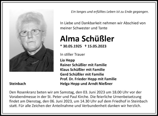 Traueranzeige von Alma Schüßler von Fränkische Nachrichten