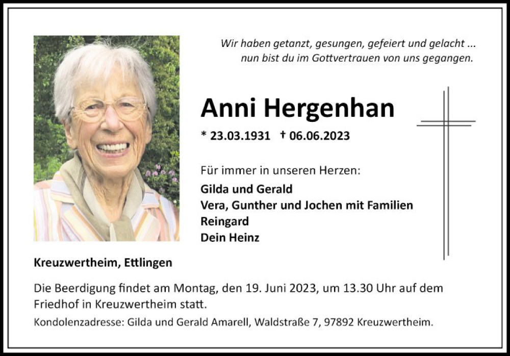  Traueranzeige für Anni Hergenhan vom 15.06.2023 aus Fränkische Nachrichten