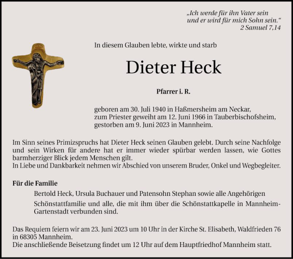  Traueranzeige für Dieter Heck vom 17.06.2023 aus Mannheimer Morgen