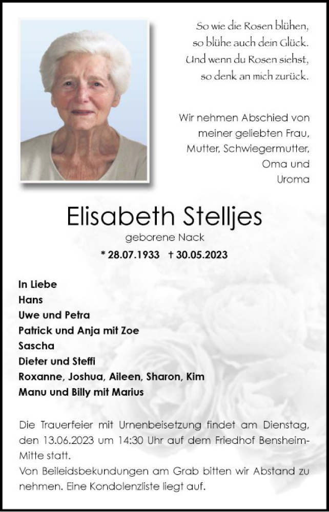  Traueranzeige für Elisabeth Stelljes vom 10.06.2023 aus Bergsträßer Anzeiger