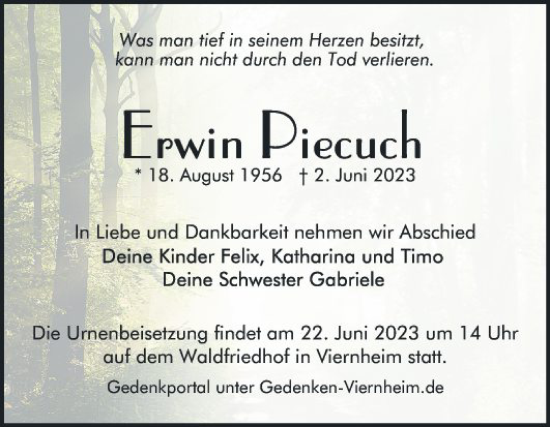 Traueranzeige von Erwin Piecuch von Mannheimer Morgen