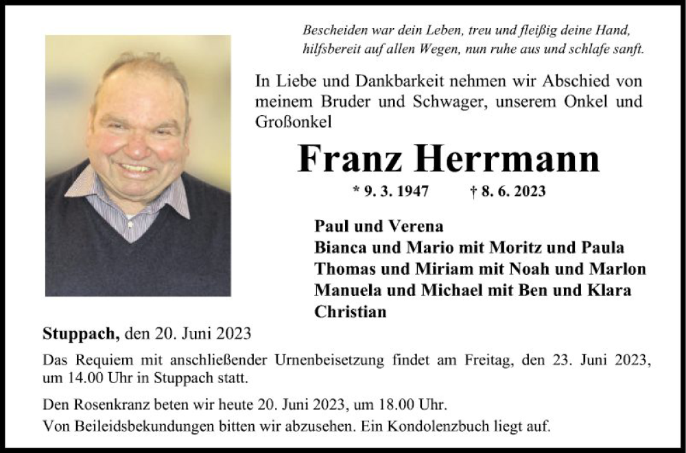  Traueranzeige für Franz Herrmann vom 20.06.2023 aus Fränkische Nachrichten