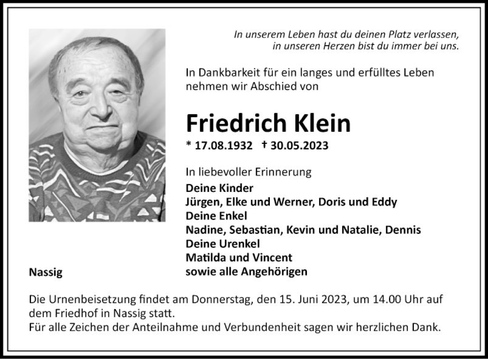  Traueranzeige für Friedrich Klein vom 10.06.2023 aus Fränkische Nachrichten