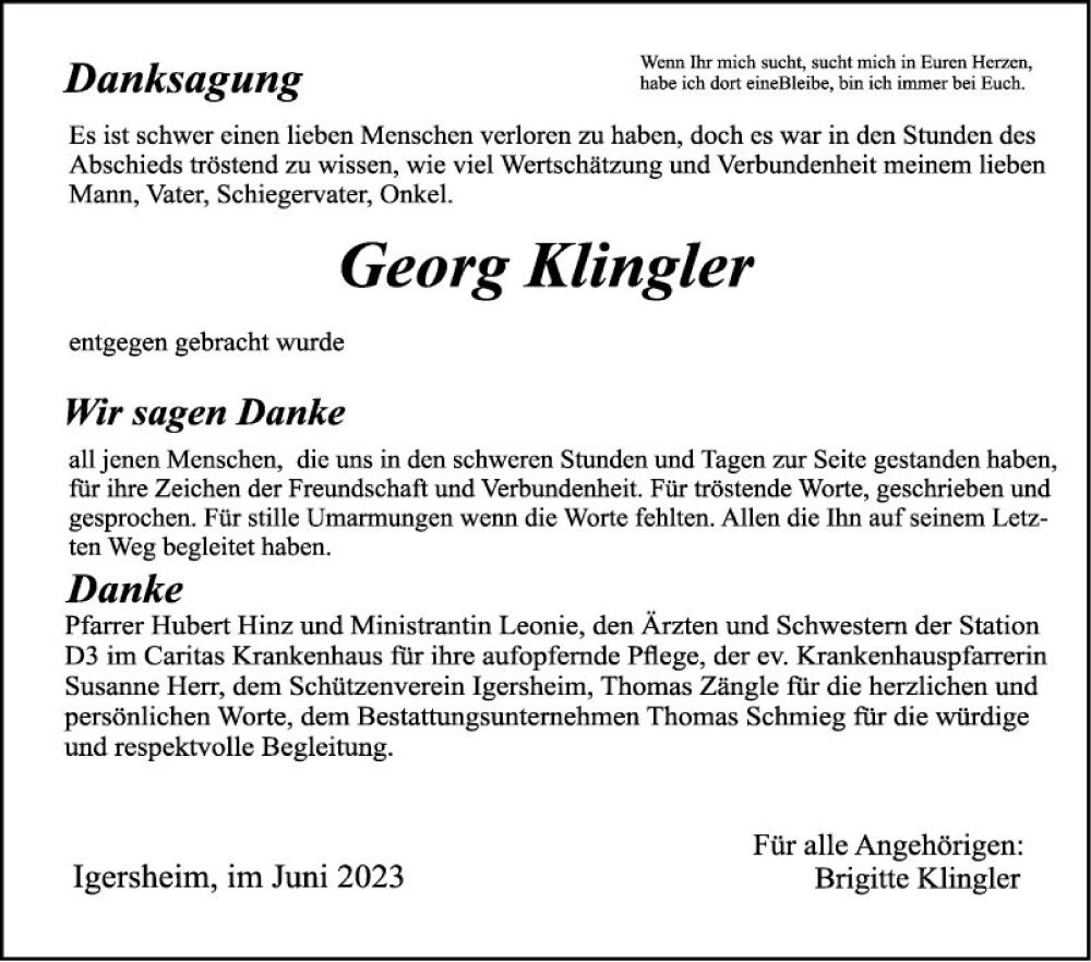  Traueranzeige für Georg Klingler vom 28.06.2023 aus Fränkische Nachrichten