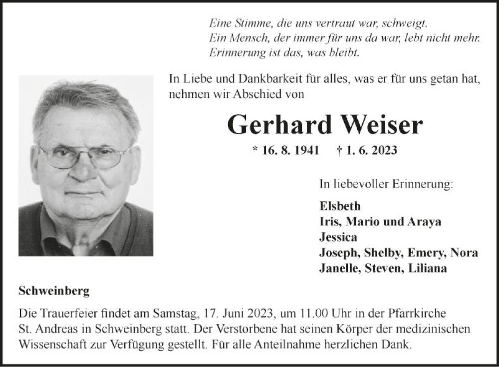  Traueranzeige für Gerhard Weiser vom 14.06.2023 aus Fränkische Nachrichten