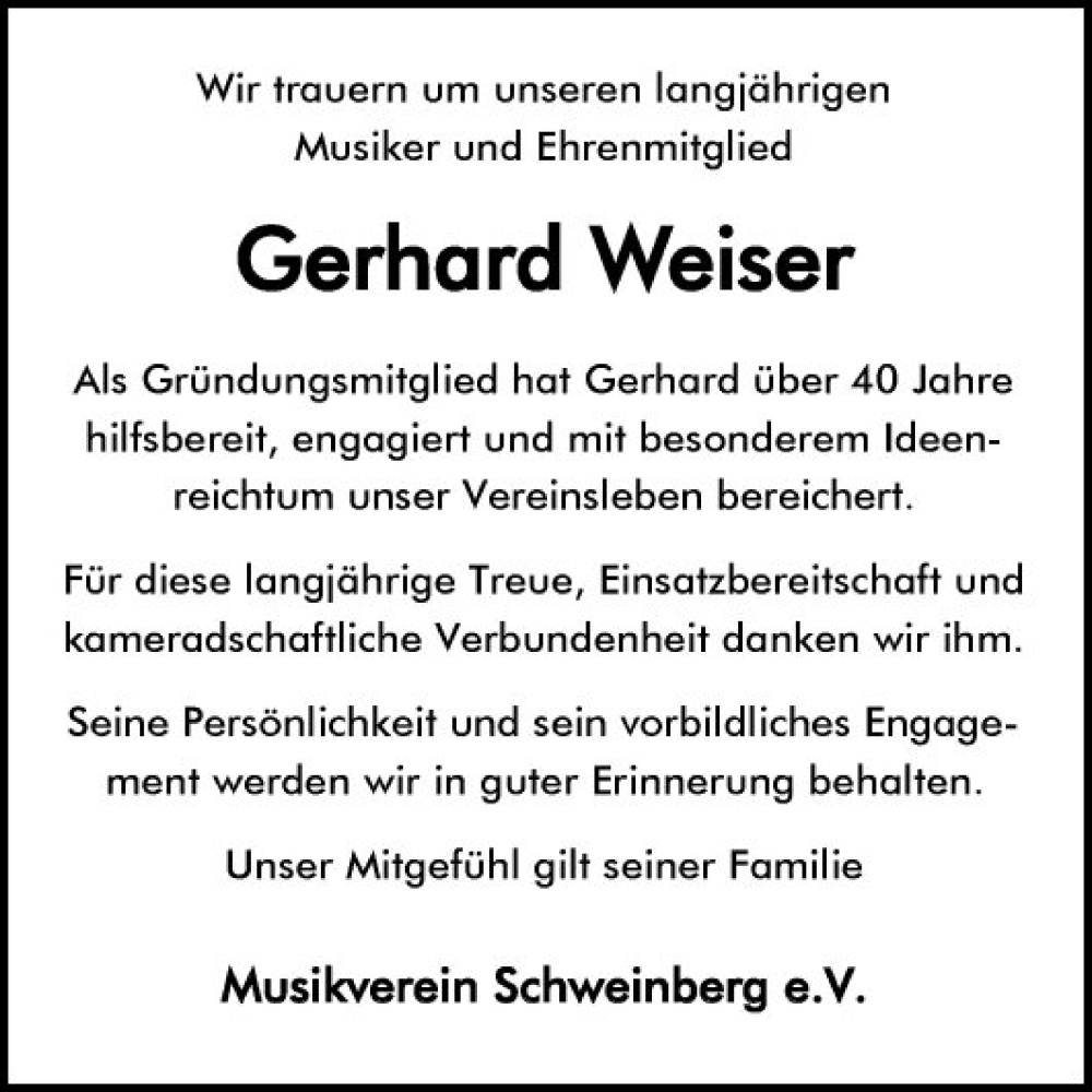 Traueranzeige für Gerhard Weiser vom 14.06.2023 aus Fränkische Nachrichten