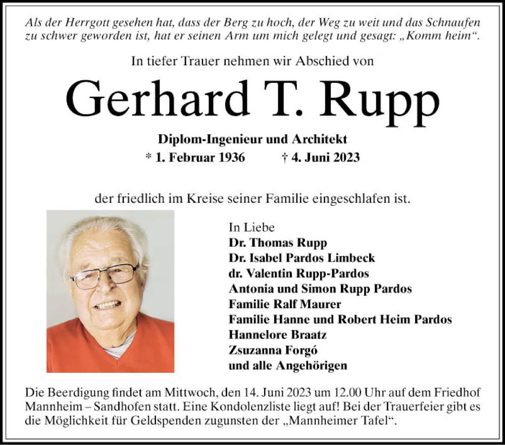  Traueranzeige für Gerhard T. Rupp vom 10.06.2023 aus Mannheimer Morgen