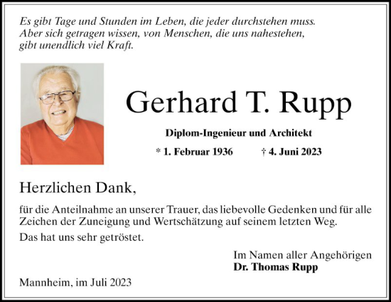 Traueranzeige von Gerhard T. Rupp von Mannheimer Morgen