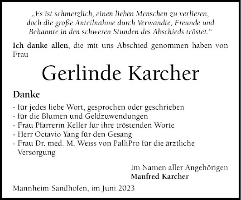  Traueranzeige für Gerlinde Karcher vom 17.06.2023 aus Mannheimer Morgen