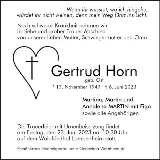 Traueranzeige von Gertrud Horn von Mannheimer Morgen