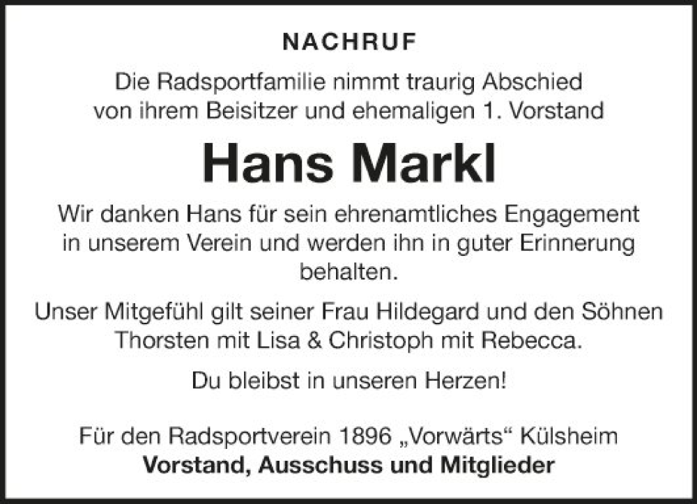  Traueranzeige für Hans Markl vom 17.06.2023 aus Fränkische Nachrichten