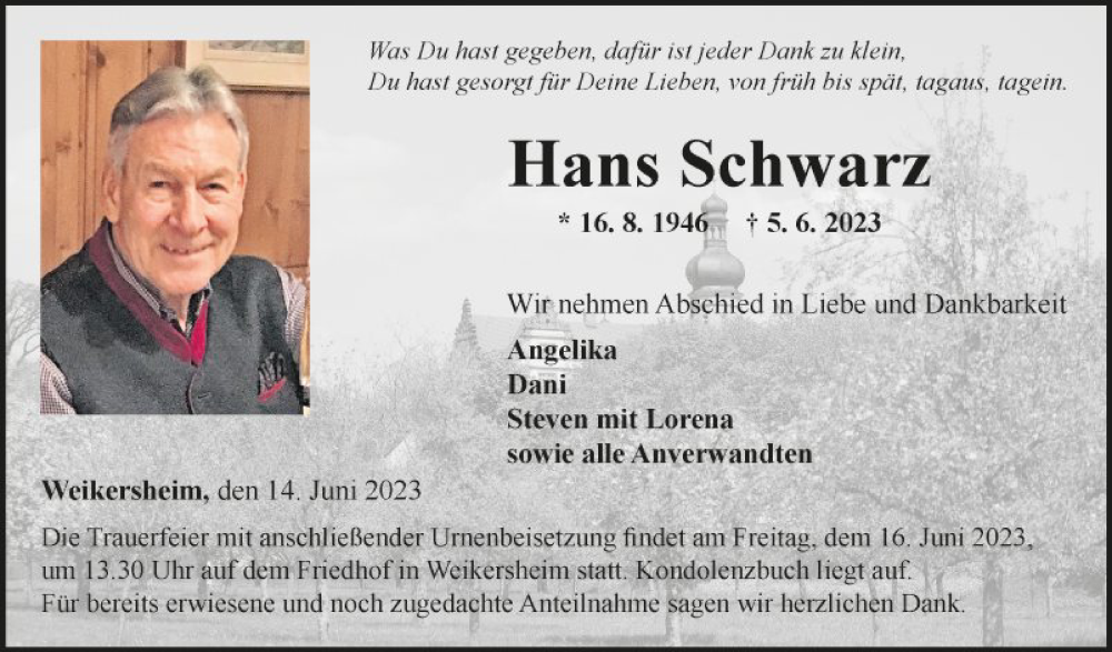  Traueranzeige für Hans Schwarz vom 14.06.2023 aus Fränkische Nachrichten