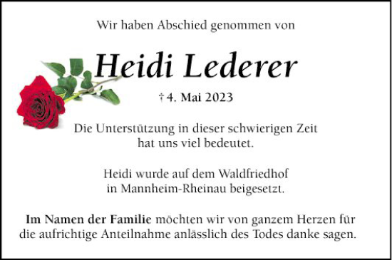 Traueranzeige von Heidi Lederer von Mannheimer Morgen