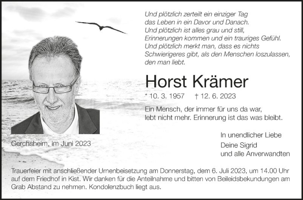  Traueranzeige für Horst Krämer vom 01.07.2023 aus Fränkische Nachrichten