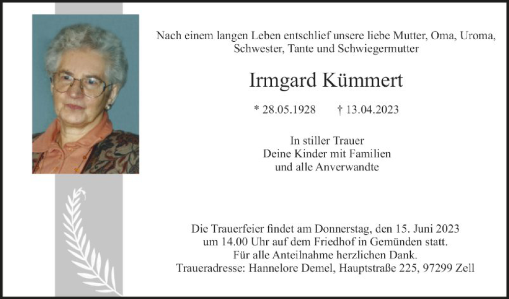  Traueranzeige für Irmgard Kümmert vom 10.06.2023 aus Fränkische Nachrichten