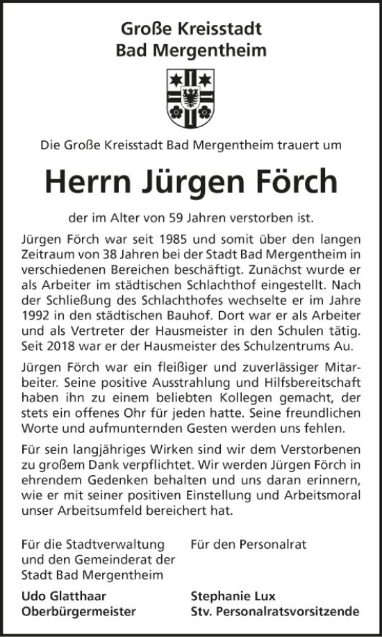Traueranzeige von Jürgen Förch von Fränkische Nachrichten