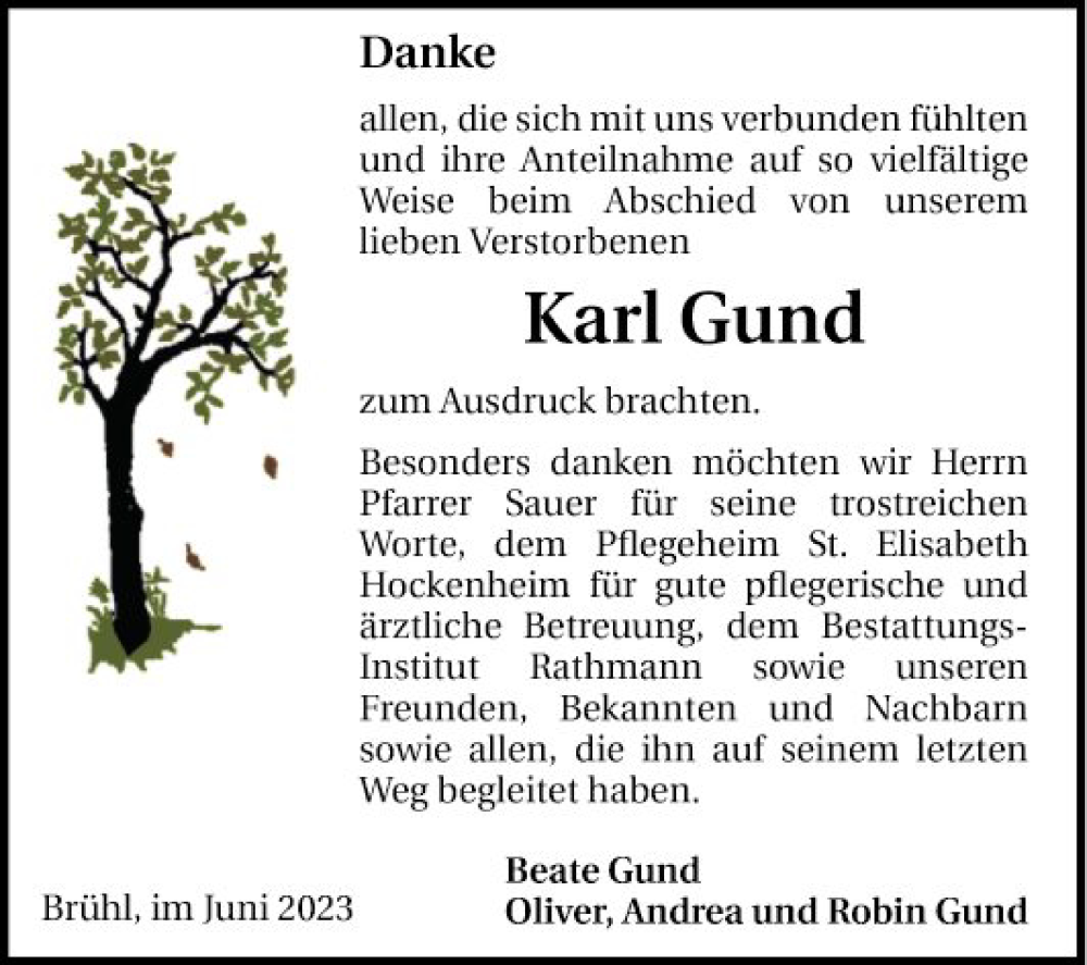  Traueranzeige für Karl Gund vom 10.06.2023 aus Schwetzinger Zeitung