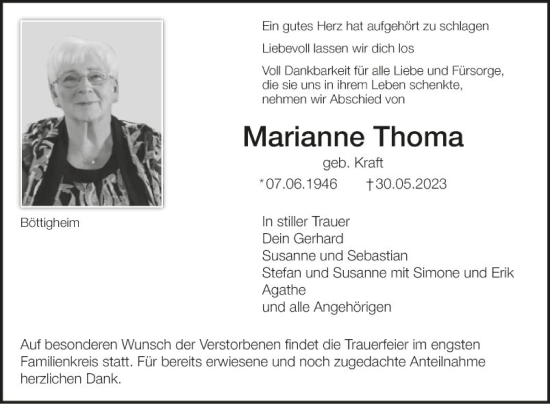 Traueranzeige von Marianne Thoma von Fränkische Nachrichten
