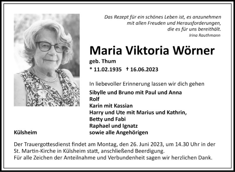  Traueranzeige für Maria Viktoria Wörner vom 24.06.2023 aus Fränkische Nachrichten