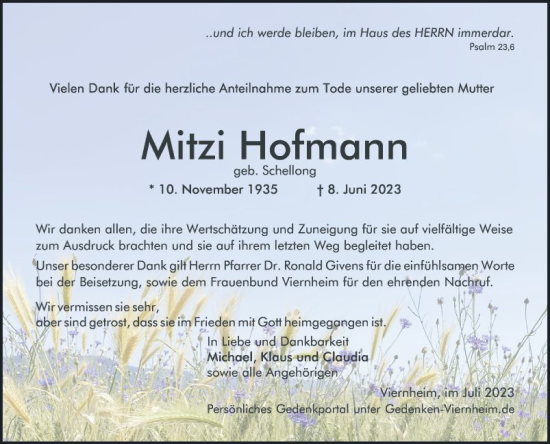 Traueranzeige von Mitzi Hofmann von Mannheimer Morgen