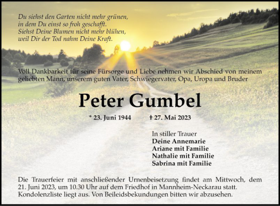 Traueranzeige von Peter Gumbel von Mannheimer Morgen