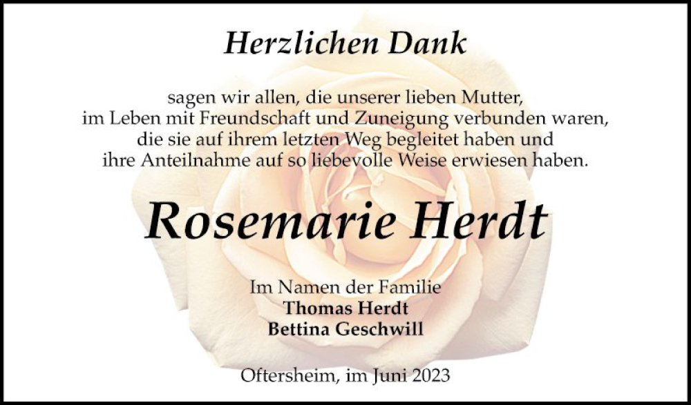  Traueranzeige für Rosemarie Herdt vom 10.06.2023 aus Schwetzinger Zeitung