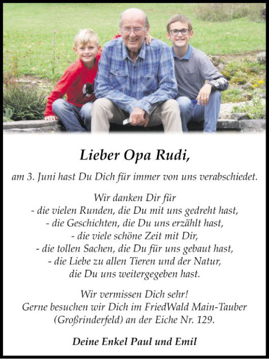 Traueranzeige von Rudi  von Fränkische Nachrichten
