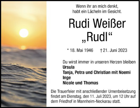 Traueranzeige von Rudi Weißer von Mannheimer Morgen