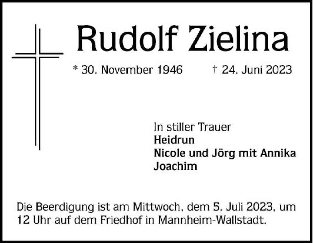  Traueranzeige für Rudolf Zielina vom 01.07.2023 aus Mannheimer Morgen